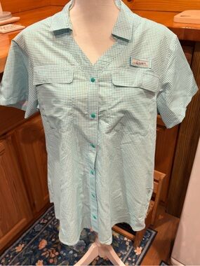 Habit Women’s Fishing Shirt XL Teal Gingham Short Sleeve UPF 40+ Outdoor Top